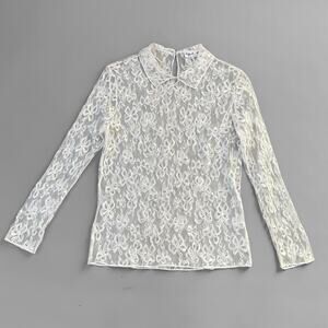 VTG 90s Agnes B. Lace Blouse Sheer White Bow Pattern Tiny Button Collar